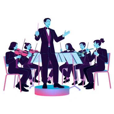 A focused orchestra conductor with short black hair and a formal black suit, standing confidently in front of a diverse group of musicians. The conductor holds a baton in one hand and gestures expressively with the other hand. The musicians, including violinists, cellists, and brass players, are seated in a semicircle, all looking intently at the sheet music in front of them. The musicians display a range of expressions that reflect their concentration and passion for the performance. The scene is illuminated by soft stage lights, enhancing the atmosphere of dedication and artistry.