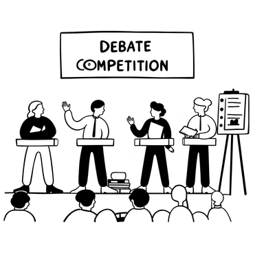 A group of high school students standing behind their desks, each presenting arguments passionately during a debate competition. They are surrounded by stacks of books and notes on the desks. A large banner with the words "Debate Competition" hangs in the background. One student is raising a hand confidently while another is pointing at a chart displayed on an easel beside them. The audience can be seen in the background, attentively listening.