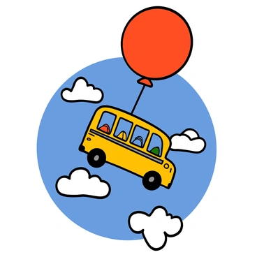 A yellow school bus is floating in the sky, lifted by a large red balloon tied securely to its roof. The bus has windows that are slightly open, and you can see colorful backpacks inside. The giant balloon is round and brightly colored, contrasting with the blue sky in the background. The bus is angled slightly, giving the impression of a gentle ascent. Fluffy white clouds are scattered around, enhancing the whimsical scene.