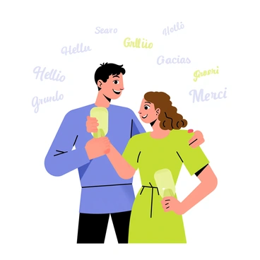 Two people are standing close together, each holding a digital translator device. One person has short black hair and is wearing a blue shirt, while the other person has curly brown hair and is dressed in a green dress. Surrounding them are various floating pieces of text in different languages, including "Hello," "Gracias," and "Merci," creating a dynamic atmosphere of communication. The digital translators are glowing softly, adding a modern touch to the scene.