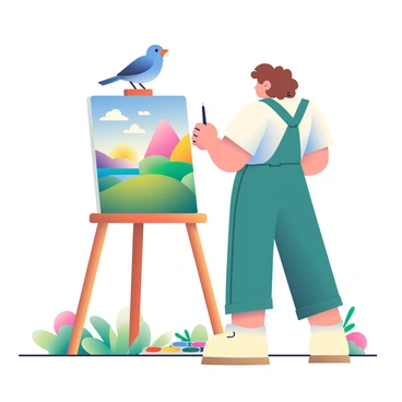 A small bluebird is perched on the top of an artist's easel in an outdoor setting. The easel holds a canvas that features a vibrant landscape painting in progress. The artist, a person with light skin and wavy brown hair, is standing nearby with a paintbrush in hand, wearing a white shirt and overalls. The artist is focused on the canvas, while the bluebird is chirping, its beak slightly open. Surrounding them are green grass and colorful wildflowers, with a clear blue sky overhead. A palette with various colors of paint rests on the ground next to the easel.