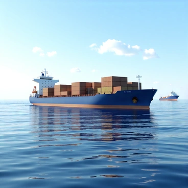 A large cargo ship with a blue hull and multiple colorful shipping containers stacked on its deck. The ship is moving steadily across a calm ocean, with gentle waves reflecting the sunlight. The sky is clear and bright, with a few white, fluffy clouds scattered across the horizon. In the background, the distant outline of another cargo ship is visible, adding depth to the scene. The overall atmosphere is one of tranquility and efficient transport.