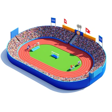 A stadium filled with cheering spectators. Athletes in colorful sports uniforms are competing in various events, showcasing their skills. Some are sprinting on the track, while others are preparing for field events like long jump or shot put. Bright banners and flags are displayed around the arena, and the atmosphere is filled with energy and excitement. The sun casts dynamic shadows on the ground, emphasizing the athletes' movements as they push themselves to perform at their best.
