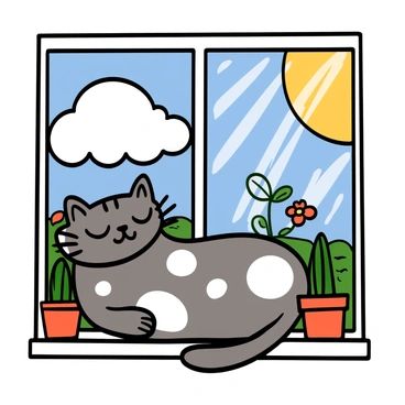 A fluffy gray cat with white patches is lounging on a windowsill, basking in the warm sunlight that streams through the glass. The cat has bright green eyes and a relaxed expression, with its paws tucked under its body. The windowsill is decorated with potted plants, including a small cactus and a blooming flower. The sunlight casts soft shadows and highlights the texture of the cat's fur, creating a cozy atmosphere. Outside the window, a glimpse of a blue sky with fluffy white clouds can be seen.