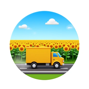 A yellow truck driving along a road. The road is flanked by endless fields of sunflowers, their bright yellow petals facing the sun. The sky is clear and blue, with a few fluffy white clouds scattered above. The truck is in motion, creating a slight dust cloud behind it. The sunflowers are tall, vibrant, and stretch as far as the eye can see, creating a picturesque scene.