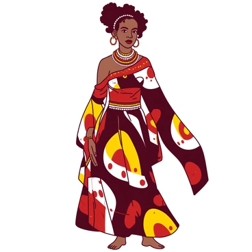 An African woman stands confidently, wearing a vibrant traditional attire that features a colorful pattern of various shapes. The fabric flows elegantly around her, highlighting the intricate beadwork adorning her dress and accessories. Around her neck, she wears a series of layered necklaces made of colorful beads, while large, round earrings frame her face. Her hair is styled in an elaborate design, adorned with small beads that catch the light. The scene captures her proud expression as she displays the rich cultural heritage embodied in her clothing.