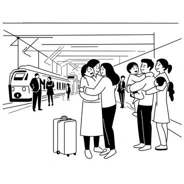 A railway station platform filled with people. A joyful family stands together, embracing each other in warm hugs. Men, women, and children are smiling broadly, their expressions conveying happiness. Luggage is scattered around, indicating travel, and a train can be seen in the background, waiting at the platform. The scene captures the essence of a heartwarming reunion, with the relatives of various ages interacting closely. The architecture of the railway station is visible, adding to the bustling atmosphere.