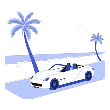 A sleek 3D convertible cruising along a coastal road with palm trees