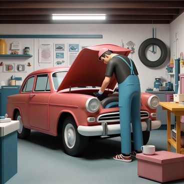A mechanic working on a retro car in a cluttered, charming garage