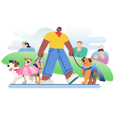 An animal trainer with light brown skin is standing at the front of a small parade, guiding a group of trained dogs dressed in colorful costumes. The trainer is wearing a bright yellow shirt and blue jeans, with a red bandana around their neck. The dogs vary in size and breed, including a small poodle with a pink tutu, a beagle wearing a pirate hat and eye patch, and a golden retriever dressed as a superhero with a blue cape. Each dog is on a leash held by the trainer. The parade is set against a backdrop of lush green grass and a clear blue sky. Spectators can be seen in the background, smiling and clapping as the parade moves along.