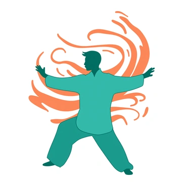 A teal silhouette of a person performing a series of dynamic qi gong motions is positioned in the center of the frame. The figure is captured mid-action, with arms extended in various graceful poses. Behind the figure, there is an abstract pattern of orange swirls that suggest movement and energy, creating a sense of harmony. The background is minimalist, allowing the motion of the figure to stand out vividly. The person's posture conveys strength and fluidity, emphasizing the essence of qi gong practice.