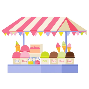 A colorful ice cream stand featuring a bright striped canopy. The stand is filled with a variety of ice cream flavors, including pink strawberry, light green mint, and rich chocolate. Each flavor is neatly arranged in tubs, with colorful labels indicating the type. There are several cones displayed, including waffle cones and colorful sugar cones. Banners with the words “Ice Cream” in bold, playful font are hanging from the edges of the stand. A small counter is visible, showcasing sprinkles and toppings in glass jars.