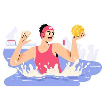 A focused water polo player with short, dark hair is in mid-action, poised to throw a ball. The player wears a red swim cap with a white number on it and a matching red swimsuit. Water splashes around the athlete as they stay afloat, showcasing powerful arm muscles. The player's determined expression highlights their concentration and skill. In the background, hints of a swimming pool's edge and a blurred crowd can be seen, emphasizing the competitive atmosphere. The scene captures the intensity of the sport and the player's commitment.