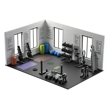 A gym interior featuring a variety of exercise equipment tailored for different levels of mobility and strength training. On one side, there are adjustable weight machines suitable for users of all abilities, with clear labeling on each machine. In the center, there are free weights of various sizes, organized on a rack, alongside exercise mats for stretching. A section is dedicated to resistance bands and stability balls, providing options for low-impact workouts. The walls are adorned with motivational posters featuring quotes about fitness and perseverance. Large windows let in natural light, creating an inviting atmosphere.