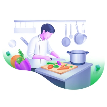 A modern pastel illustration depicting a chef in a white uniform skillfully chopping colorful vegetables on a wooden cutting board. The chef has short black hair and is focused on their task. Surrounding the chef are various kitchen elements, including stainless steel pots, a cutting knife, and an array of fresh vegetables like bell peppers, carrots, and tomatoes. The kitchen is filled with vibrant colors and utensils, showcasing a lively and busy atmosphere.
