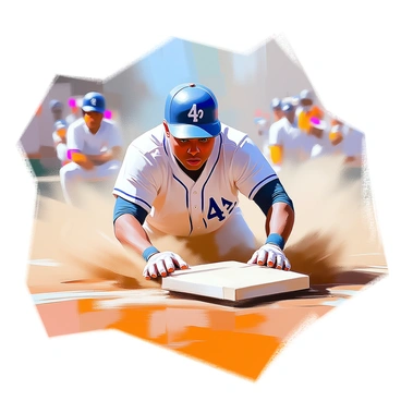 Jackie Robinson, a Black baseball player wearing a white jersey with "42" on the back, is captured mid-action as he slides safely into home plate. His face shows determination, with a focus on the game. Dust rises around him, swirling in the air as he makes contact with the ground. The white home plate is stark against the brown dirt of the field. In the background, blurred figures of opposing players are visible, watching intently as the play unfolds. The bright stadium lights illuminate the scene, enhancing the dynamic movement of the moment.