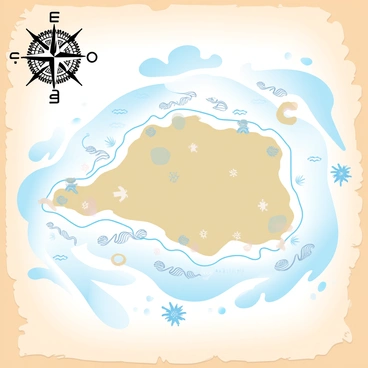 A detailed nautical-themed island map is spread out on a textured parchment background. The map features a prominent "compass rose" in the top corner, showcasing intricate designs and directional points. Meandering "sea currents" are illustrated with flowing lines, indicating the movement of water around the island. Several "shipwrecks" are marked with distinctive symbols, positioned strategically along the coastline. The island is surrounded by waves and small illustrations of various sea creatures, adding to the marine theme of the map.