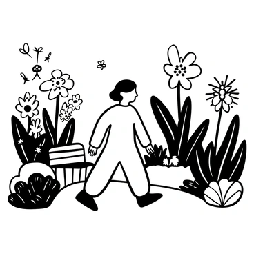 A girl with short hair walking along a path in a botanical garden filled with various blooming flowers. Surrounding her are tall plants with intricate leaves and different types of flowers in full bloom. The girl is wearing a light dress that flows gently with her movement. There are butterflies fluttering around the flowers, and a stone bench is visible beside the path. Lush greenery frames the scene, creating a vibrant environment.