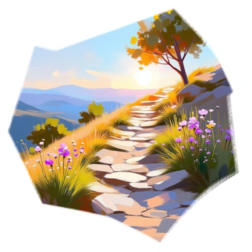 A hiking path winding its way up a steep hillside. The path is dotted with small stones and bordered by lush green grass. On either side of the trail, wildflowers in shades of purple and yellow bloom. The hillside slopes steeply, offering expansive views of valleys and distant mountains under a clear blue sky. A few scattered trees provide shade along the route, their leaves rustling gently in the breeze. The horizon reveals layers of rolling hills and the sun casting warm light over the landscape.