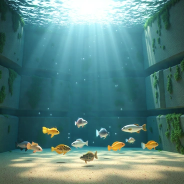 An underwater scene showcasing a variety of colorful fish swimming gracefully near the submerged base of a dam. The fish display different shapes and sizes, including small, vibrant tropical species and larger, more streamlined varieties. The dam structure looms in the background, made of large concrete blocks, with patches of green algae growing on its surface. Sunlight filters through the water above, creating shimmering patterns on the sandy bottom. Bubbles drift upwards as the fish move, adding a sense of liveliness to the scene.