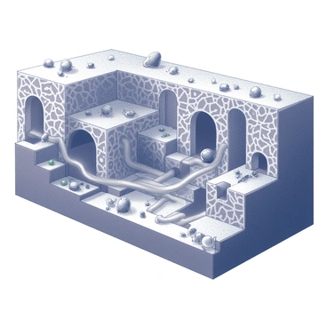 A detailed cross-section view of an underground city composed of intricate mycelium structures. The walls of the city are formed by interconnected mycelium filaments, creating a complex web-like pattern. Various tunnels and chambers are visible, showcasing a bustling environment filled with tiny creatures. These small organisms are engaged in different activities, moving between the spaces and interacting with their surroundings. Some creatures are gathering food, while others are constructing new pathways. The overall scene captures the vibrant life within this subterranean ecosystem.