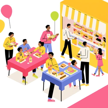 A lively food court with families sitting at colorful tables. The tables are adorned with bright tablecloths in various shades of red, blue, and yellow. Children are smiling and laughing, some holding trays filled with diverse food items like burgers, pizza, and ice cream. Adults are engaging in conversation, while a few are standing in line at a vibrant food stall displaying a variety of delicious dishes. Balloons are floating above the tables, adding to the festive atmosphere. The floor is bustling with activity, as people walk by with drinks and snacks in hand.