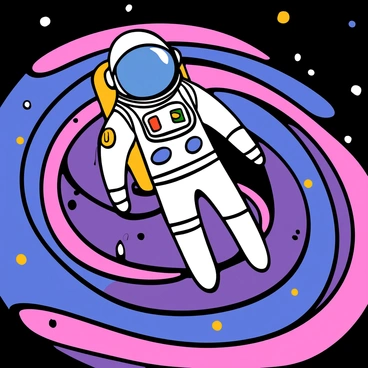 An astronaut wearing a white spacesuit with a reflective visor is floating in the vastness of space. The suit features various patches and a life support backpack. Around the astronaut, there are small floating particles that glisten in the light. In the background, a vibrant galaxy swirls with shades of purples, blues, and pinks, dotted with bright stars. The scene conveys a sense of exploration and the vastness of the universe.