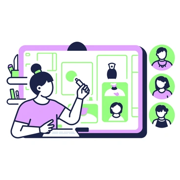 An online video call featuring an illustrator instructing a class on designing book characters. The illustrator is positioned in front of a large screen displaying various character designs and sketches. She has medium-length hair tied in a bun and wears a casual shirt. In her right hand, she holds a stylus, ready to draw on a digital tablet in front of her. The background shows a cozy workspace with shelves filled with art supplies, including sketchbooks and colored markers. Various character designs are visible on the screen, showcasing a range of styles and features. Students' faces can be seen in small video windows around the screen, each appearing engaged and taking notes.