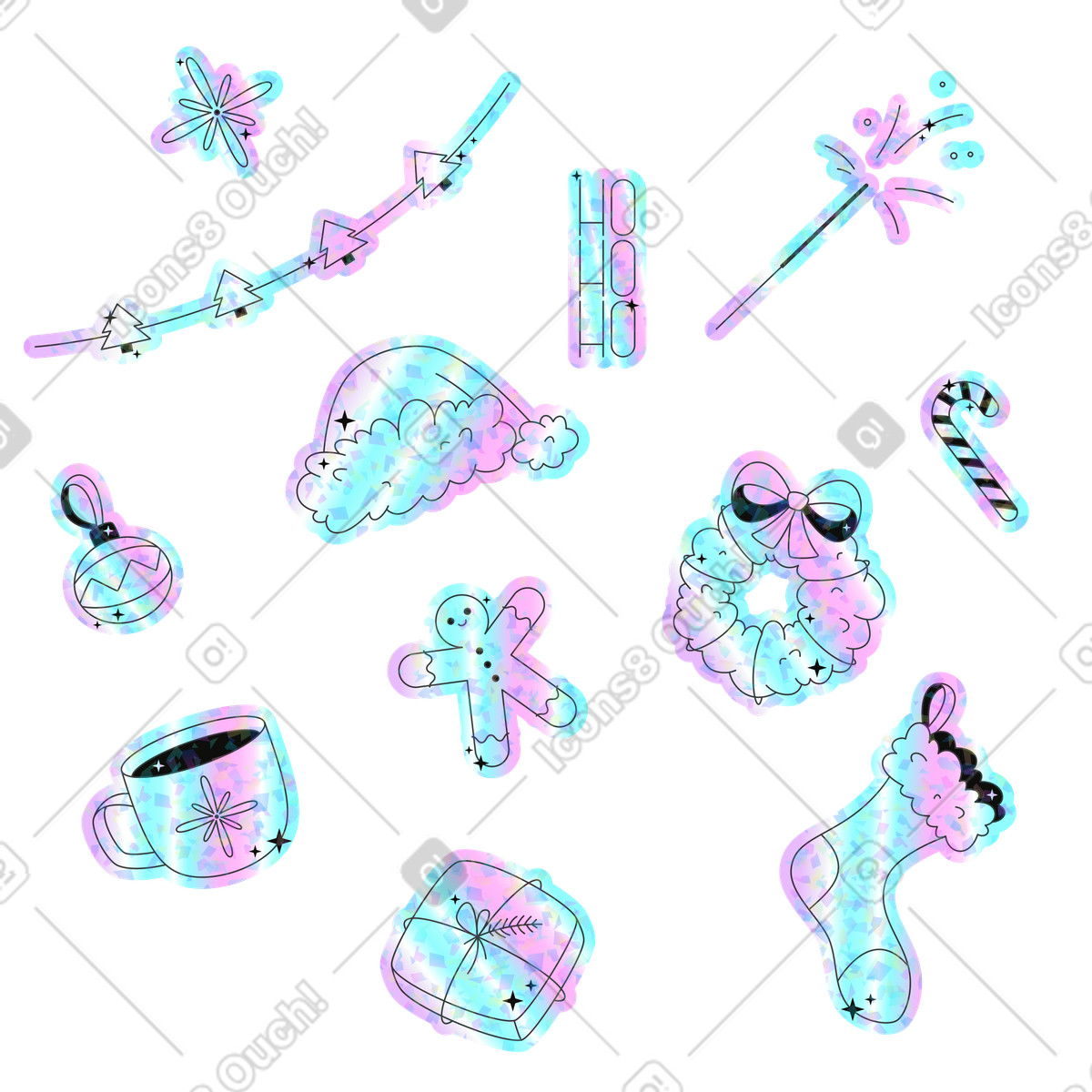 Illustration Articles de noël : bonnet père noël, couronne, bonhomme en pain d'épices dans le style Holostickers à télécharger aux formats PNG, SVG