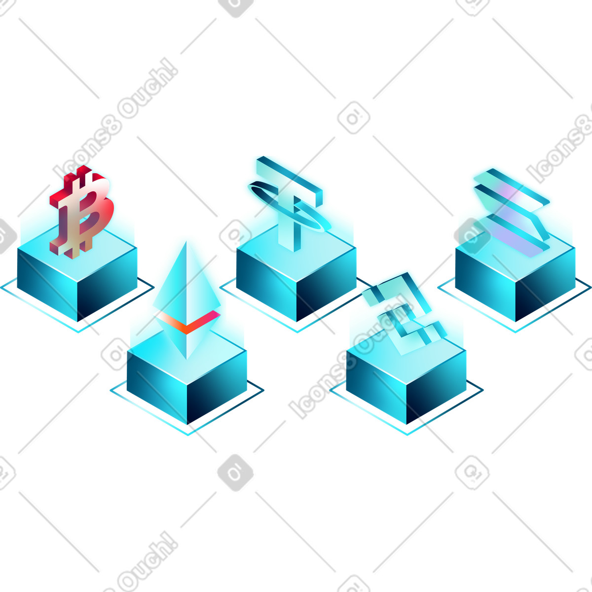 Isometric cryptocurrency icons illustration in PNG, SVG
