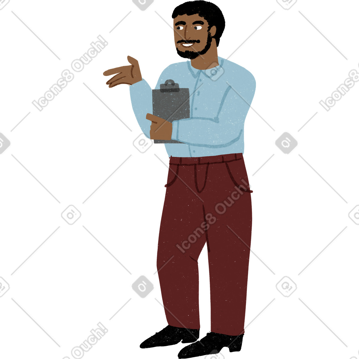Illustration Homme parlant activement avec un presse-papiers à la main dans le style Public télécharger aux formats PNG, SVG