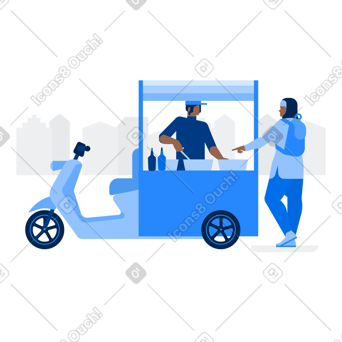 Illustration Femme hijabi avec sac à dos acheter de la nourriture au fast-food dans le style Urban télécharger aux formats PNG, SVG