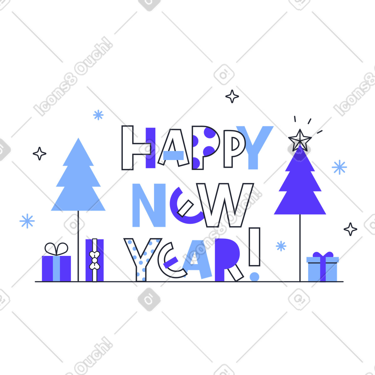 Ilustración Feliz año nuevo texto y árboles de navidad con regalos en estilo Pablita a descargar en PNG SVG