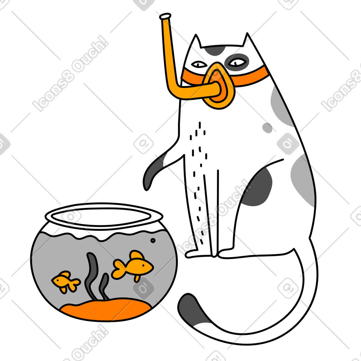 Gatto in maschera subacquea accanto alla ciotola del pesce illustrazione stile Purr scarica PNG, SVG