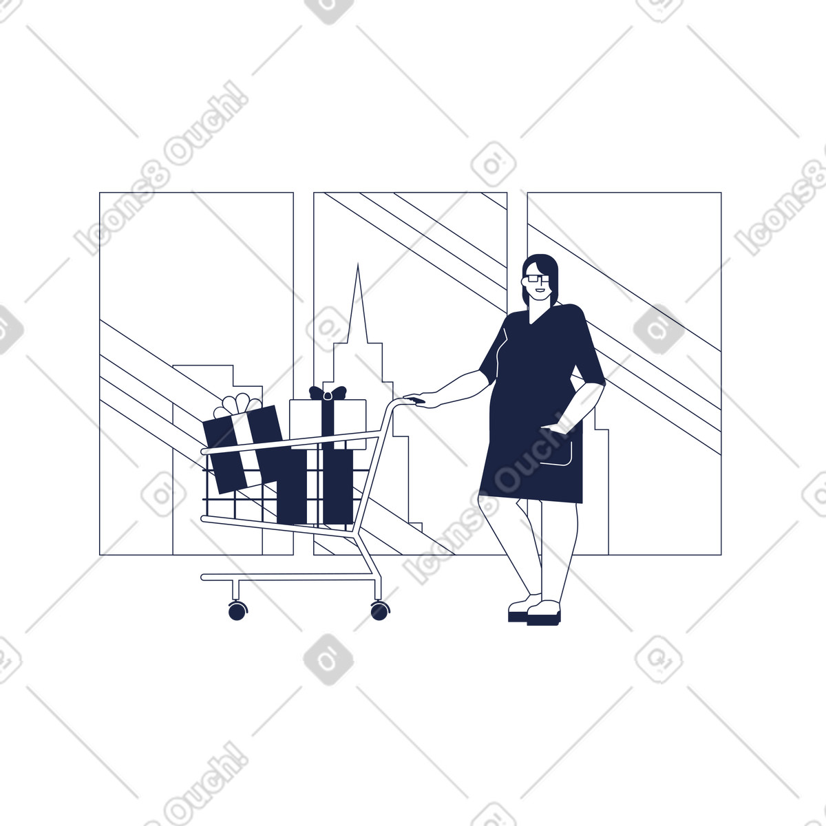 Illustration Person with cart of wrapped presents, gift shopping in city store dans le style Urban Line à télécharger aux formats PNG, SVG