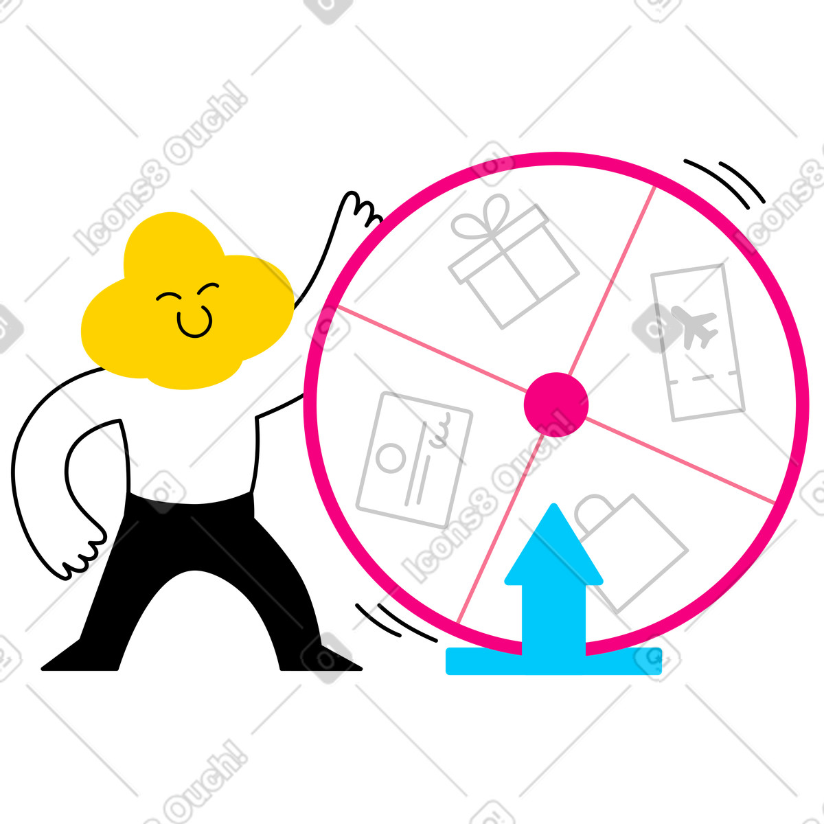 Illustration animée Personnage proposant de participer à un tirage au sort dans le style Giggle télécharger aux formats GIF, Lottie (JSON), AE