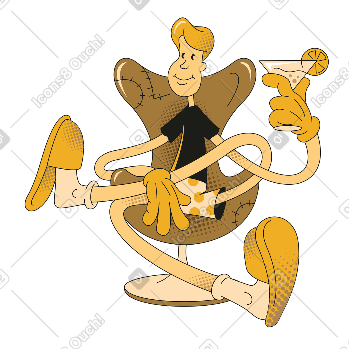 Illustration Restez calme avec un homme détendu buvant martini dans le style Rubber à télécharger aux formats PNG, SVG