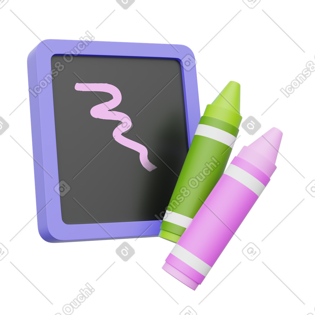 Chalkboard drawing with colorful crayons for creative learning illustration in 3D Playful style download in PNG, SVG