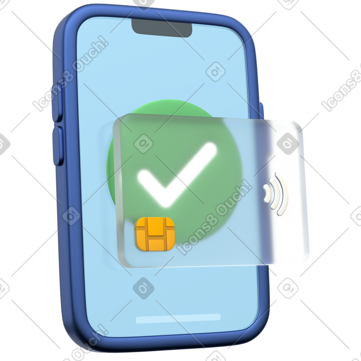 Illustration Contactless payment confirmation on smartphone with credit card and checkmark dans le style 3D Grid à télécharger aux formats PNG, SVG