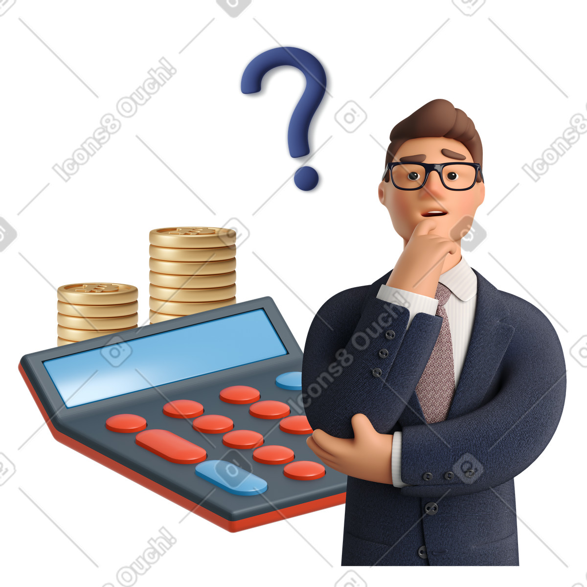 Ilustración Hombre de negocios pensativo con calculadora, monedas y signo interrogación detrás en estilo 3D Business a descargar en PNG SVG