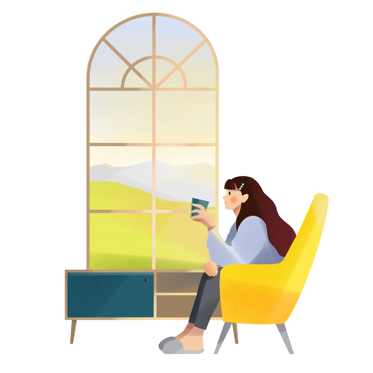 A woman sitting in a chair by a window - Shine style illustration