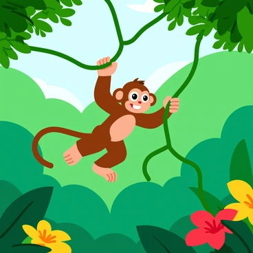 A brown monkey with a long tail is swinging energetically from a green vine in a lush jungle. The monkey has bright, curious eyes and a playful expression on its face. In the background, dense foliage with various shades of green surrounds the scene, while sunlight filters through the leaves, creating dappled lighting. The monkey is mid-jump, with its limbs extended, showcasing its agility as it prepares to grab another vine. Nearby, colorful tropical flowers add splashes of red and yellow to the vibrant jungle environment.