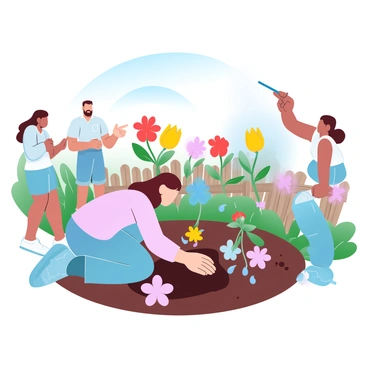 A stranger is kneeling in a community garden, gently tending to a patch of soil. The garden is filled with vibrant flowers in various colors, including bright reds, yellows, and blues. Nearby, a few curious passersby are observing the gardener, some pointing at the flowers, while others are taking a closer look at the plants. The background includes a rustic wooden fence and a clear sky, contributing to the lively atmosphere of the garden.