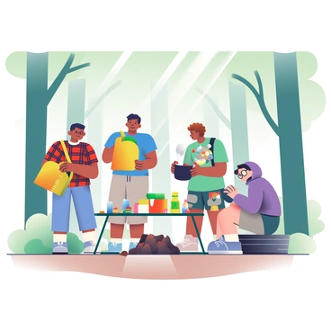 A group of four campers is gathered at a forest campsite, surrounded by tall green trees and a carpet of soft brown leaves. Two campers, one with dark hair wearing a red flannel shirt, and another with curly hair dressed in a blue t-shirt, are exchanging a yellow backpack and a green sleeping bag. A third camper, with glasses and wearing a purple jacket, is inspecting a black cooking pot while standing near a small fire pit. The fourth camper, wearing cargo shorts and a grey hoodie, is sitting on a log, organizing a variety of food supplies laid out on a picnic table. Sunlight filters through the branches, casting dappled shadows on the ground.