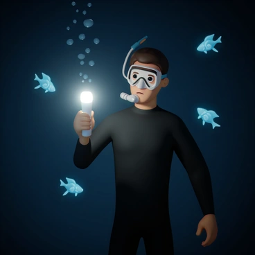 A diver, wearing a black wetsuit and snorkeling gear, is underwater at night. They are holding a flashlight that emits a bright beam of light, illuminating the surroundings. Glowing blue fish are swimming around the diver, their luminous bodies contrasting against the dark water. The diver's expression shows curiosity as they observe the fish, while bubbles rise around them, creating an immersive underwater atmosphere.