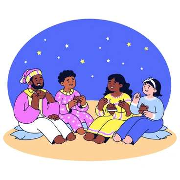 A scene depicting characters from "Arabian Nights" enjoying chocolate treats. There are four characters: a man in a flowing turban and ornate robe, a woman in a colorful dress with intricate patterns, a young boy with a playful expression, and a girl wearing a beaded headband. They are seated on plush cushions arranged in a semi-circle on a soft, sandy surface. Each character holds a different chocolate treat, such as a chocolate-covered date, a small chocolate cake, and chocolate coins. Above them, a deep blue sky filled with sparkling stars creates a magical atmosphere.