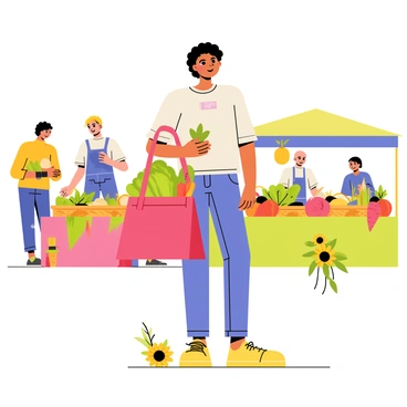 A shopper stands at a vibrant farmer's market, wearing a casual outfit with a comfortable t-shirt and jeans. The shopper has a red sac-à-dos filled with fresh groceries, including colorful vegetables like green lettuce, ripe tomatoes, and bright carrots. Surrounding the shopper are various stalls displaying an array of fresh produce, including baskets of fruit and vegetables. The atmosphere is lively, with other shoppers browsing and vendors interacting with customers. A few sunflowers and herbs add extra color to the scene.