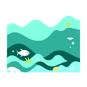 A teal seascape features stylized waves made of various geometric shapes in different sizes. The waves rise and fall, creating a rhythmic pattern across the canvas. Scattered throughout the scene are sea creatures, including a white fish and a yellow starfish, all designed with angular forms that echo the geometric theme. The composition captures a dynamic underwater world, where the shapes of the sea creatures harmonize with the flowing lines of the waves.