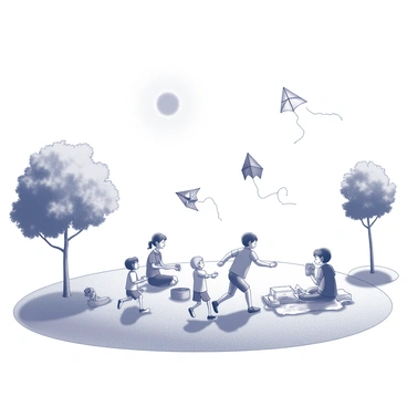 A sunny afternoon in a park with families having picnics and children flying kites