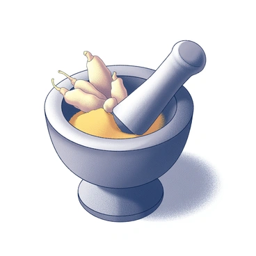 A mortar and pestle situated on a textured surface. The mortar is made of a rough, dark stone with a wide opening, while the pestle is slightly curved, resting beside it. Inside the mortar, several turmeric roots are arranged alongside a mound of bright yellow turmeric powder. The roots have a knobby, irregular shape, showcasing their natural texture. The powder has a fine, grainy consistency, contrasting with the rough surfaces of the mortar and pestle. The scene conveys a readiness for the grinding process.